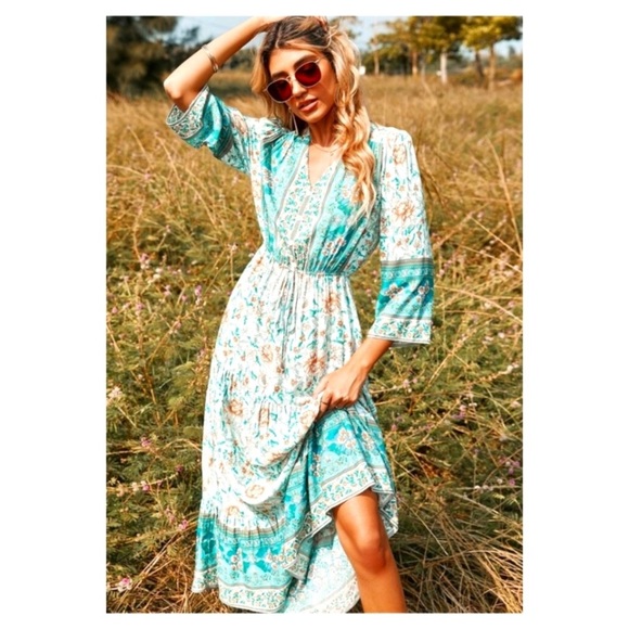 Aqua Floral Print Cottagecore Size 6 - Picture 2 of 9